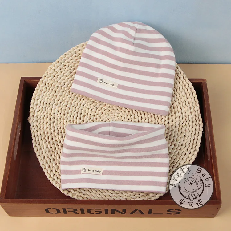 Комплект из двух предметов; хлопковая шапка; шарф; Весенняя детская шапка с рисунком; шарф; теплая детская шапочка; комплект с воротником; осенний Детский комплект шапок - Цвет: pink stripe