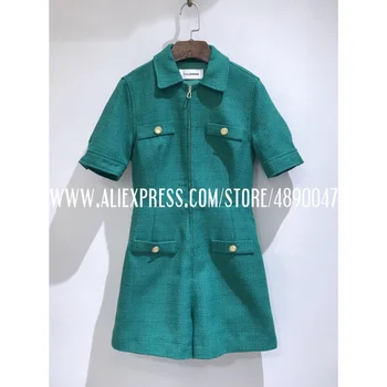 

high quality Ladies Tweed jumpsuit autumn casual zipper lapel pocket overalls jumpsuit short sleeve jumpsuit 2020 new