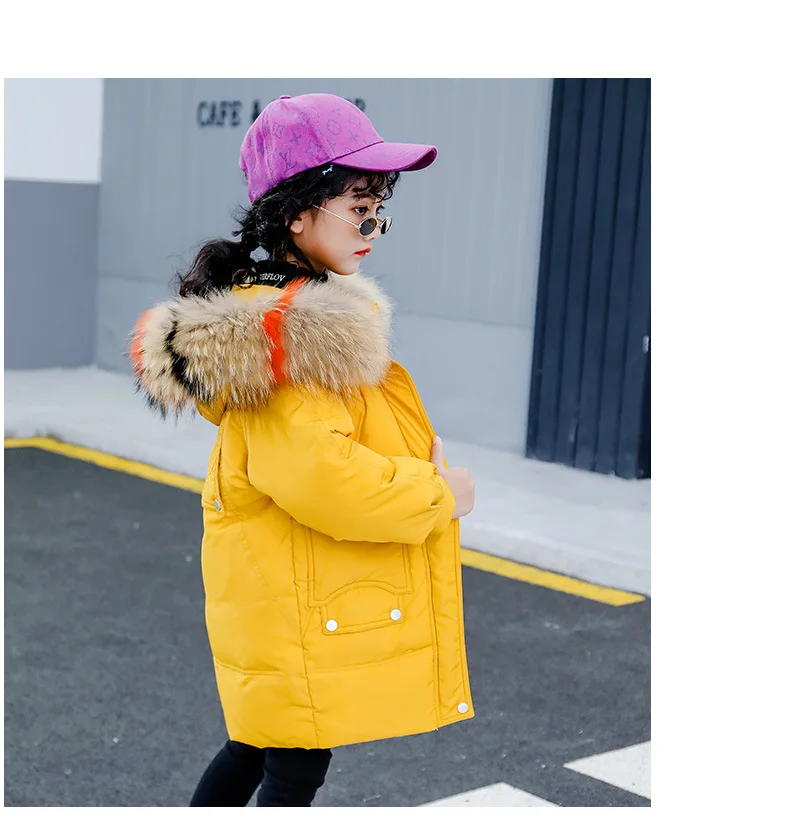 Корейский стиль, стиль, пуховик для девочек утепленная пуховая куртка средней длины с большим меховым воротником детская куртка в западном стиле
