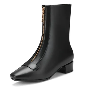 

2020 new autumn women boots genuine cow leather med heels round toe zipper black white shhoes woman riding boots big size 34-43