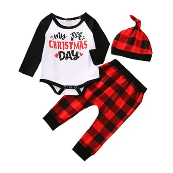 激安 幼児ベビー 1stクリスマス衣装かわいいレタープリントロンパース + チェック柄ロングパンツ + 帽子 3 枚の服セット