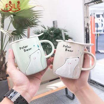 

FSILE 360ml Creative Cute Cartoon Ceramic Coffee Mug with Lid Spoon Net Red Student Creative Cup Water Mug Business Mug