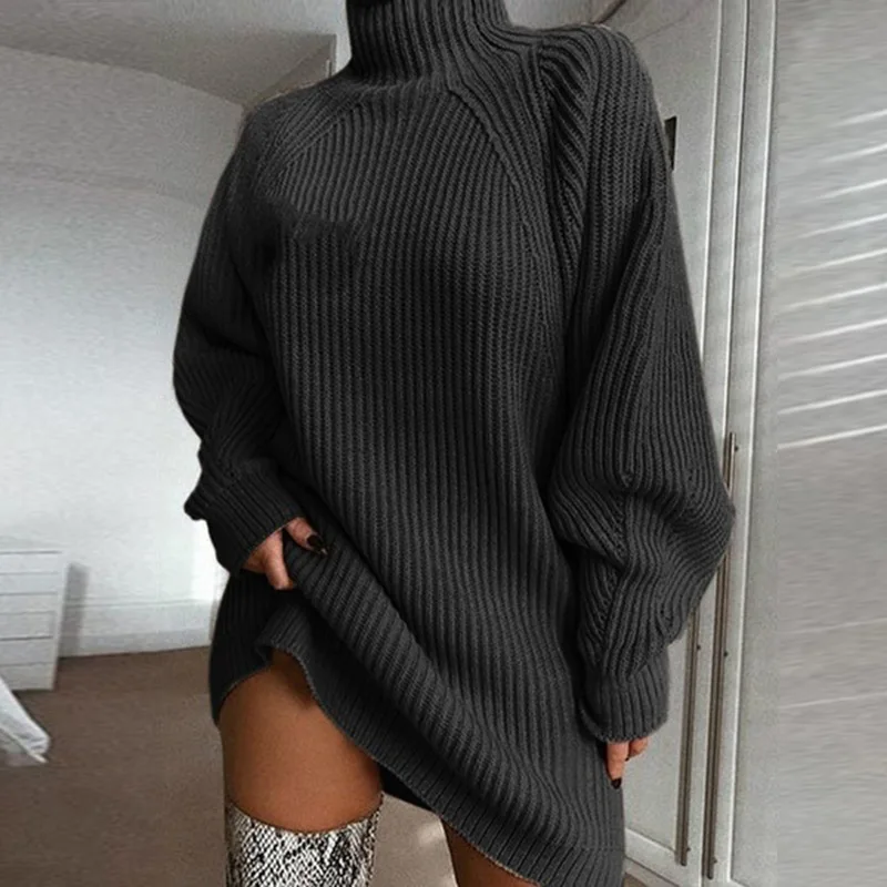 Robe tricotée surdimensionnée à col roulé pour femme, tenue décontractée à manches longues, couleur unie, élégante, Mini pull, vêtements d'hiver, automne