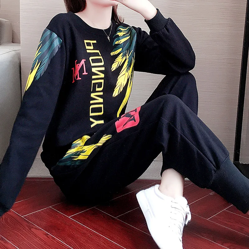 Exercise Set Women 2022 New Spring And Autumn Student Female Sportswear Letter Teenager Girl Sweatshirt Pant Black Hot Sale 040