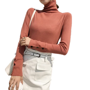 

Women All Match Turtle Neck Sweater Blouse Autumn Winter Knit Ladies Long Sleeve Solid Three Button Fashion