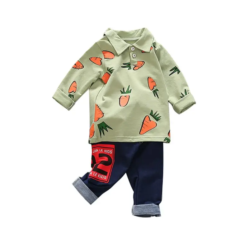 Весенний спортивный костюм для маленьких мальчиков Детский топ с длинными рукавами с рисунком моркови, штаны для отдыха 2 предмета, детская