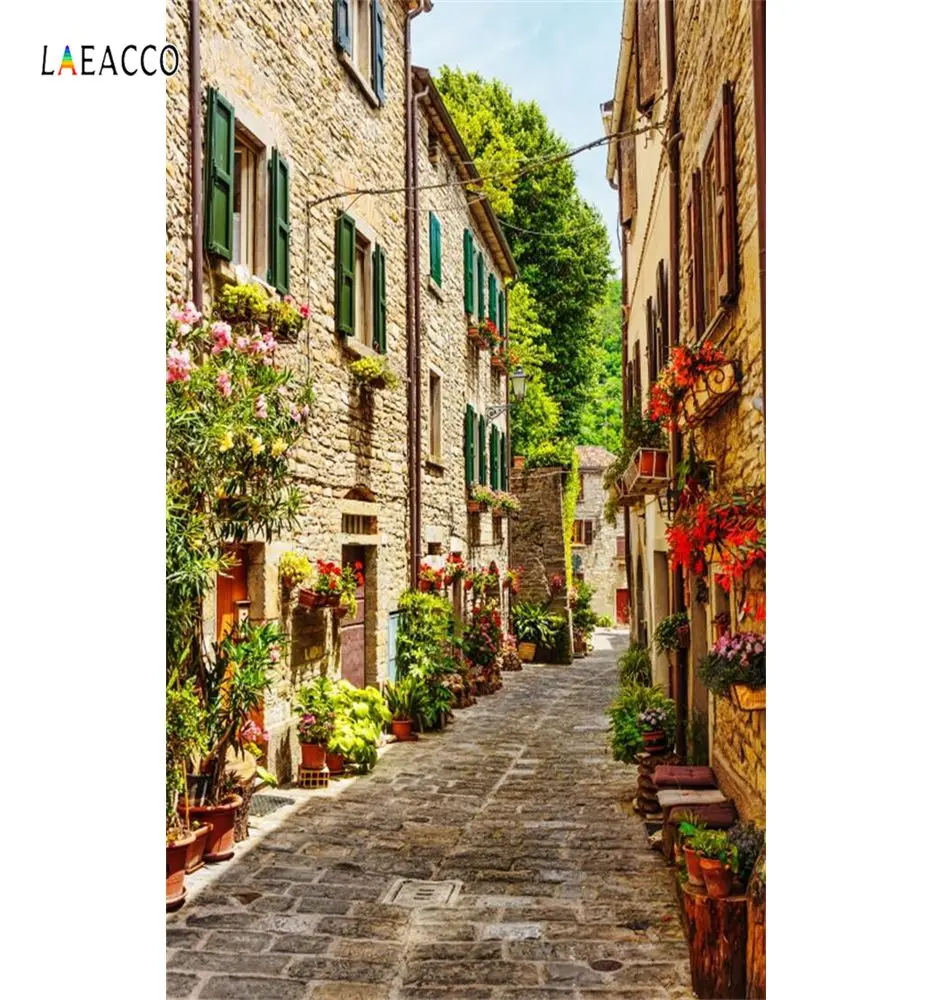 Laeacco Старый город горшках с цветочной Alley коридор дом живописные фото Фоны фотографии фонов для фотостудии