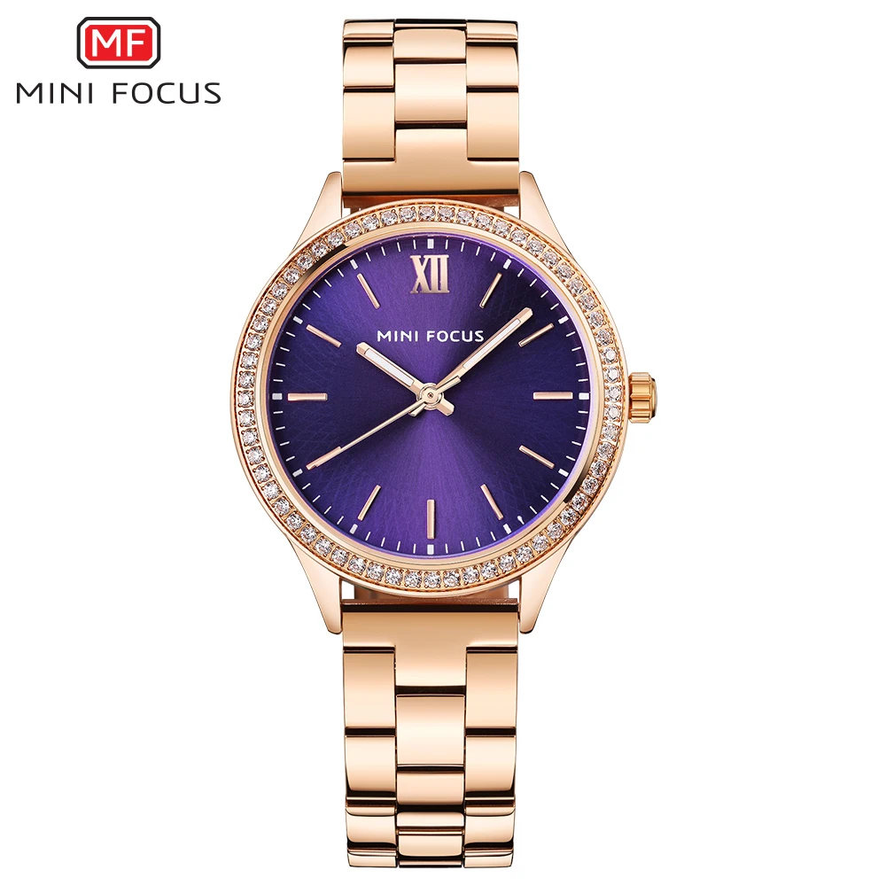 MINIFOCUS Fashion Rhinestone Women Watches Top Brand Luxury Stainless Steel Watch Women Rose Gold Quartz Girls Watches Womans