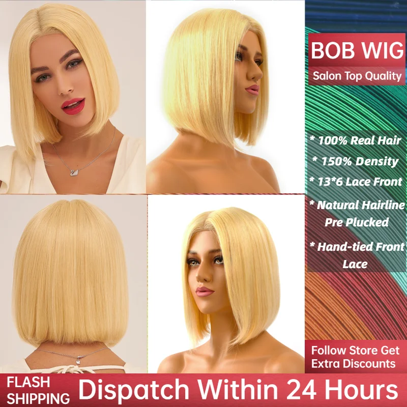 

Neitsi 13*6" Half Lace Bob Wigs Remy Human Hair Natural Hairline Handtied Rainbow Colorful Short Wig 10" 12" 150%Denisty 130g/pc