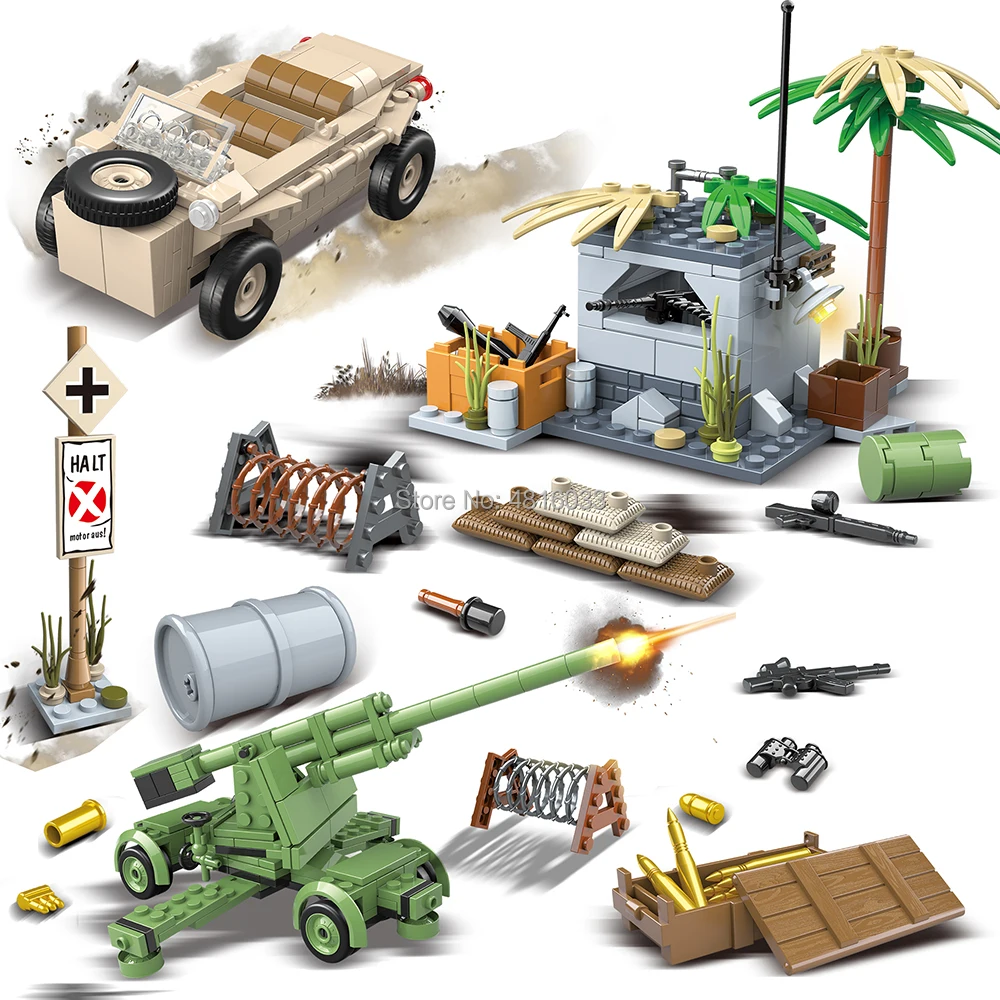 

Compatible Legoingly Military WW2 German Bunker Amphibious Vehicle Antiaircraft gun Army Soldier Building Blocks Toys