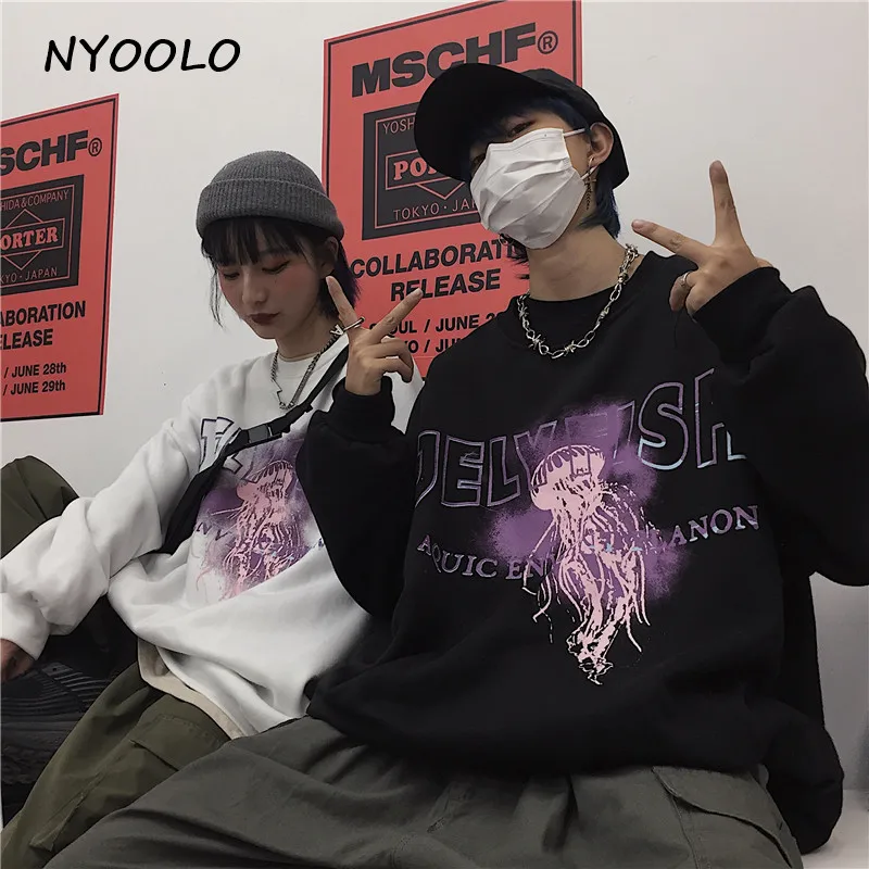 NYOOLO Harajuku стиль желе рыба буквы печати толстые теплые толстовки осень зима с длинным рукавом О-образным вырезом Пуловер Толстовка для женщин и мужчин