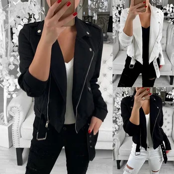 

Women Motorcycle jacket diagonal Zipper design Short Coat femal lapel Riding Racing Jackets Moto Black Outwear Bike Clothing