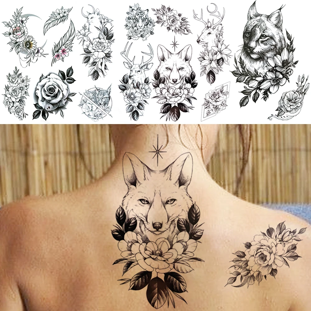 

Realistic Black Wolf Fake Tattoo Sticker For Women Men Adult Flower Cat Feather Temporary Tattoos Water Transfer Tattos Back Arm