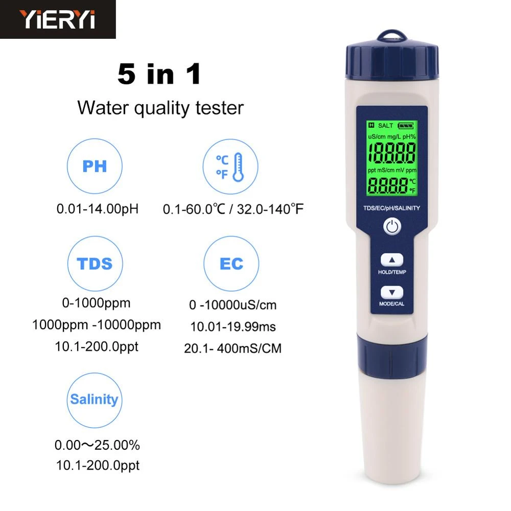 5 in 1 TDS/EC/PH/Salinity/Temperature Meter Digital Water Quality Monitor Tester for Pools, Drinking Water, Aquariums cathode ray oscilloscope
