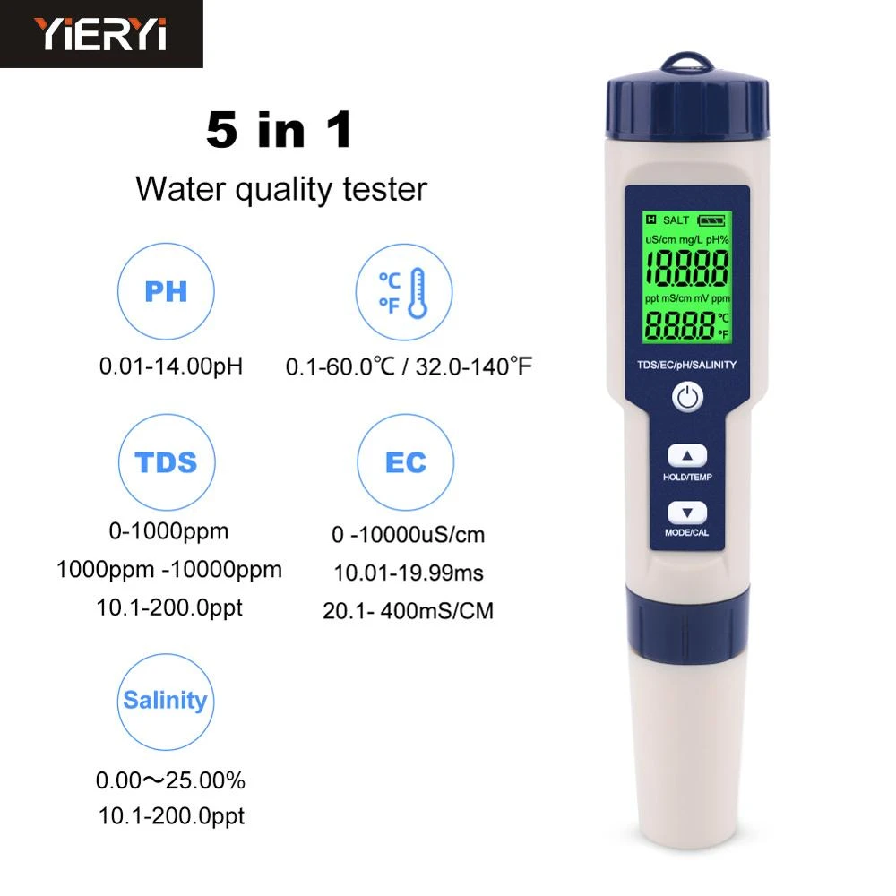 Portable 5 en 1 Fonction Testeur de Qualit/é de leau pH Salinit/é TDS EC Testeur avec R/étro-/éclairage pour leau Potable Piscine Traitement des Aliments Denash Testeur de Qualit/é de leau