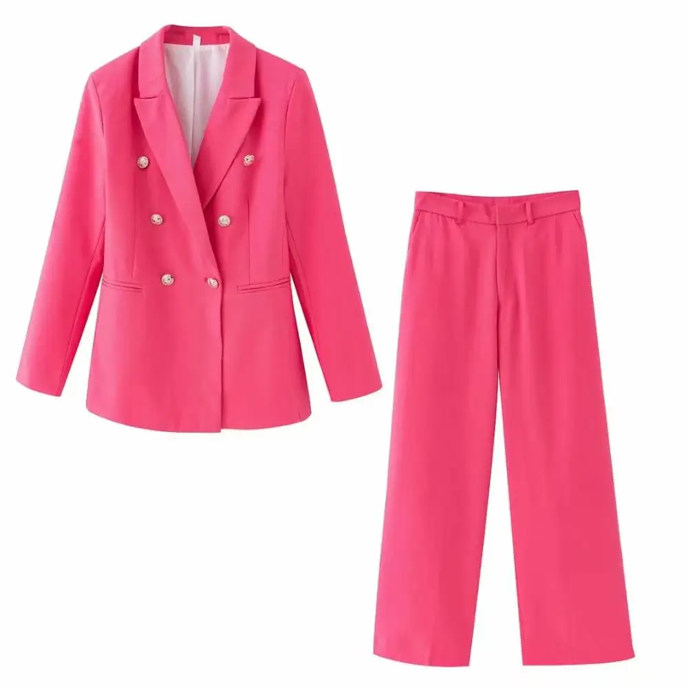New female rose pink waist double breasted long suit high wide leg pants ladies professional pioneer trouser |