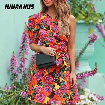 

IUURANUS Print Hit Color Dresses For Female Asymmetrical Collar Puff Half Sleeve High Waist Lace Up Dress Women 2020 Fashion