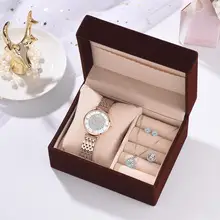 Роскошные часы из розового золота, женский набор, роскошные Кристальные серьги, ожерелье, часы, набор, женские кварцевые часы, подарки для женщин