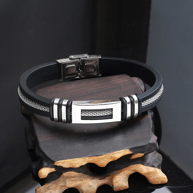 Bracelet Jewelry Stainless Steel Silicone Popcorn Chain Classical Titanium Steel Cuff Rubber for M