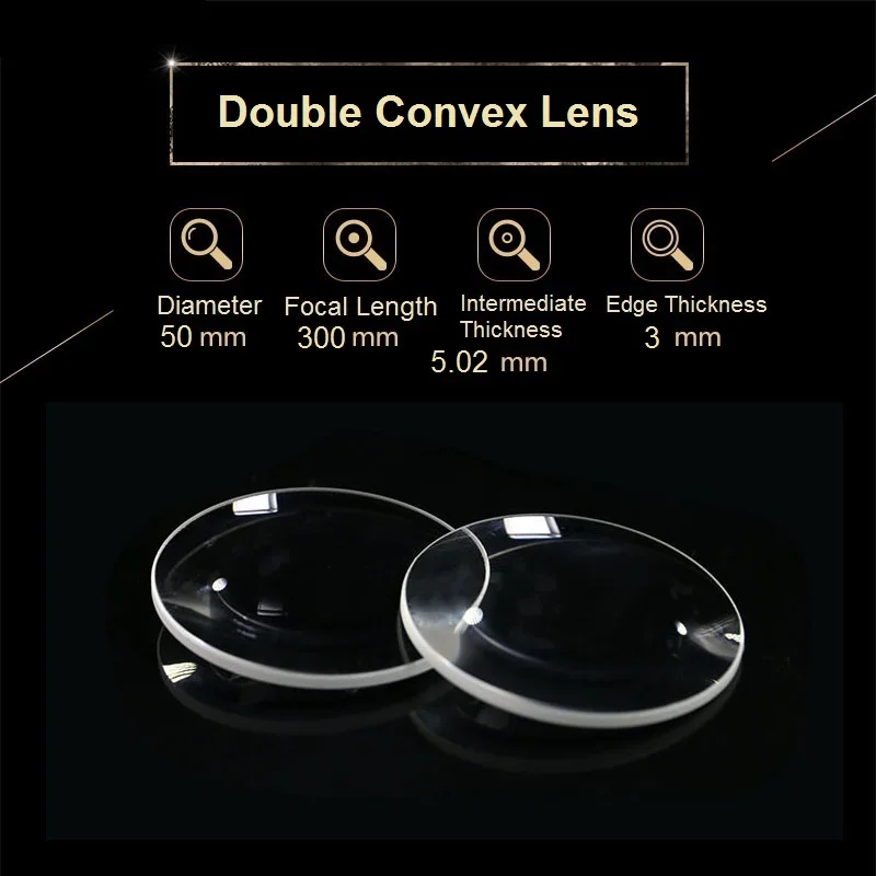 Double Convex Lens Diameter 50mm Focal Length 300mm Magnifying Glass Sight Stage LED Light K9 Optical Glass Lens Convex Lens