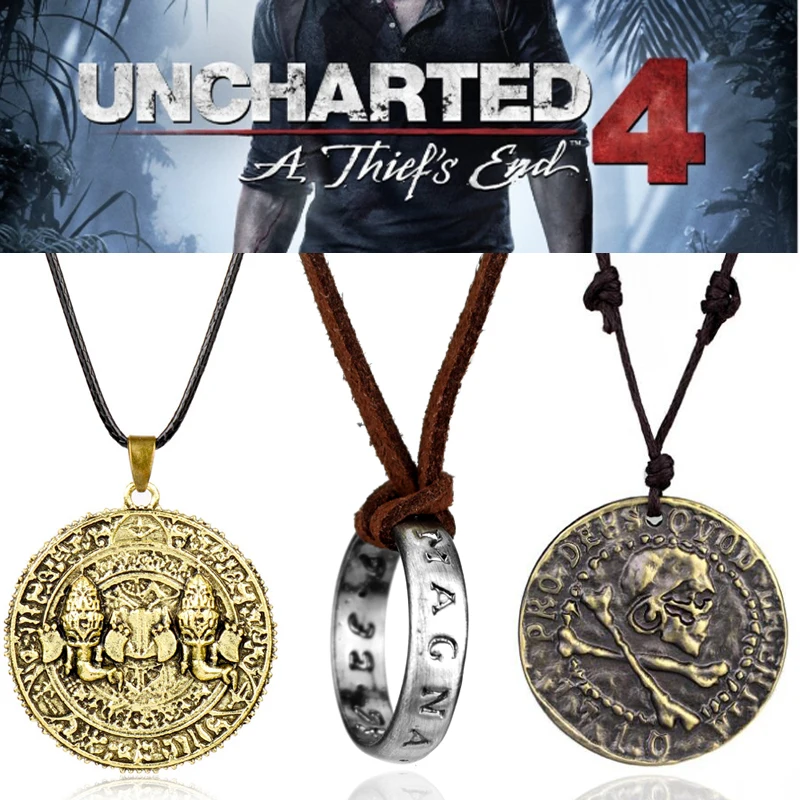 Uncharted4necklaceDrakeSkullGoldCoinPendantNecklaceMensGameJewelryLeatherRopeCord