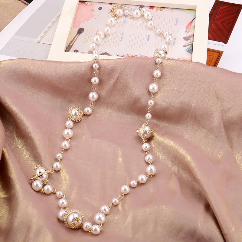 Fashion Long Necklace For Women Pearl Vintage Beaded Women's Neck Chain Decoration Sweater Coats Jewelry Gift | Украшения и