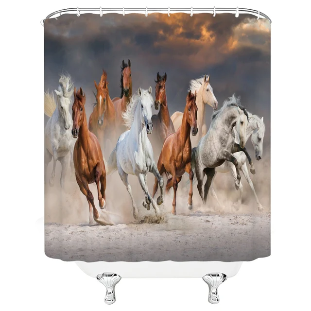 Black White Horse Shower Curtains Strong Animal Running on the Snow Bathroom Decor Home Bathtub Waterproof Polyester Curtain Set G7720
