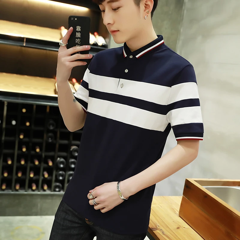 Mens Polo Shirt Summer Turn-down Collar Cotton Tees Male Short Sleeve Contrast Color Jersey Polos Man Outwear Slim Fit Tee | Мужская