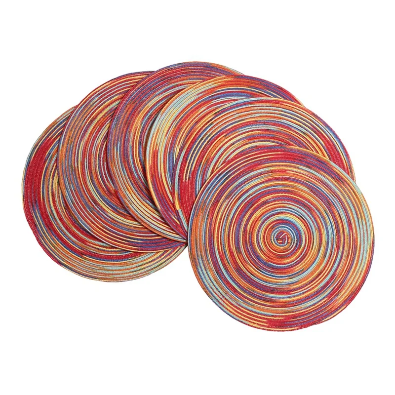Round Braided Placemats Set of 6 Decorative Colorful for Dining Tables Holiday Party Decor (Rainbow-Red) | Дом и сад