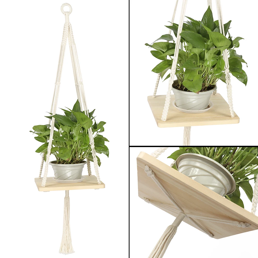 Macrame Shelf Planter Hanger for Indoor Plants with Wooden Shelf Bohemian Hanging Plant Stand for Modern Homes Decor Home Goods