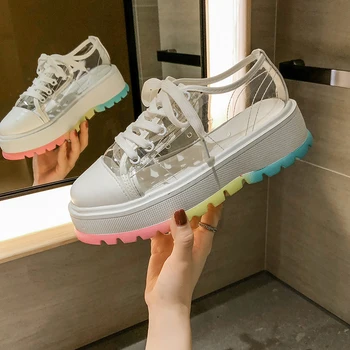 

new fashion jelly platform shoes trend waterproof platform transparent heightening casual shoes.