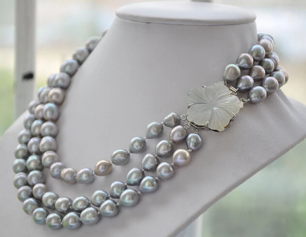 Jewelr 004794 3strands NATURE GRAY RICE freshwater pearl necklace
