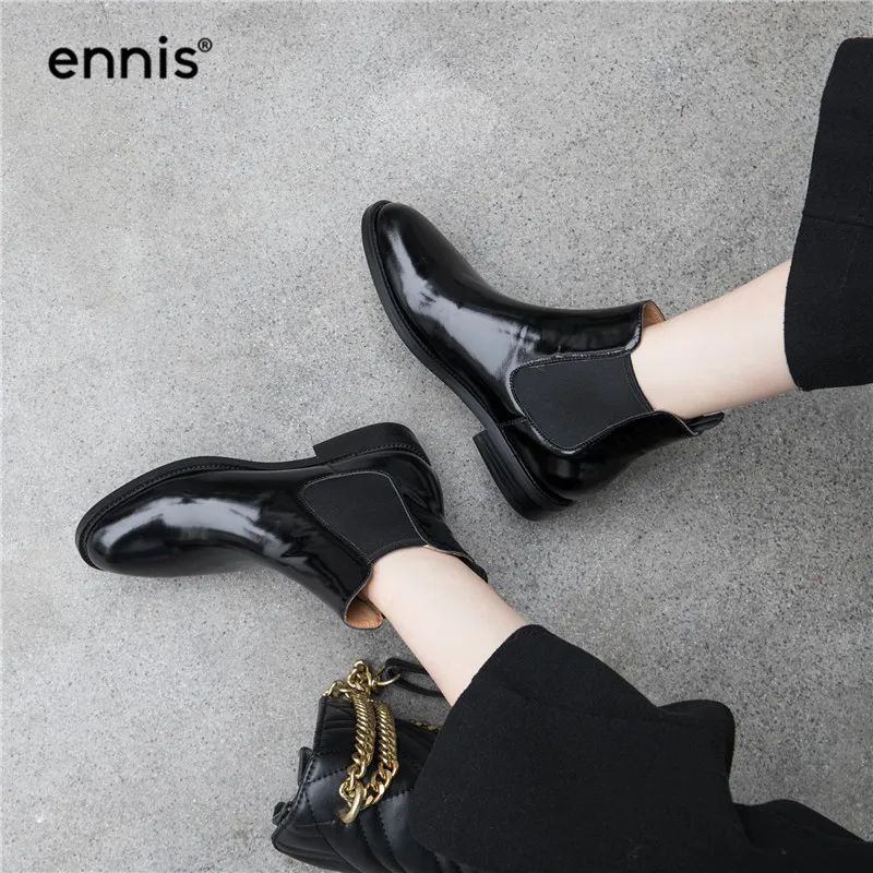 ENNIS/брендовые черные броги; женские ботинки; ботинки «Челси» из натуральной кожи; лакированные ботильоны; обувь на плоской подошве; женская модная Осенняя обувь; A9336