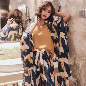 

Ladies Pajama Suits 4Pcs Set Silk Satin Cardigan+Vest+Pants+Shorts Floral Printed Elegant Femme Tender Sleepwear Homewear
