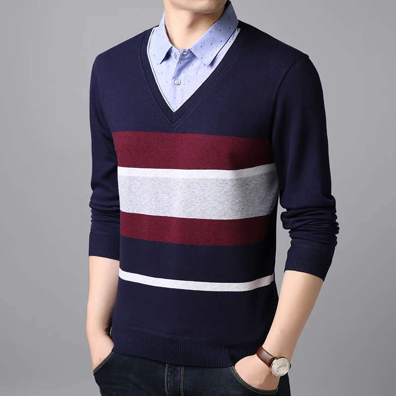 Men autumn winter fake two-piece long-sleeved stitching stripes contrast color slim pullover sweater thick knit warm pullover Men autumn winter fake two-piece long-sleeved stitching stripes contrast color slim pullover sweater thick knit warm pullover