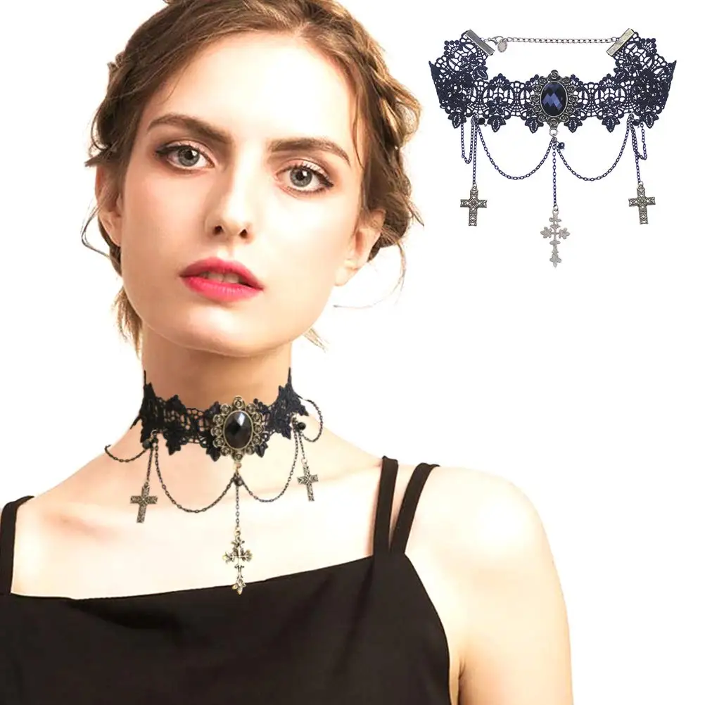 Черное Кружевное ожерелье с перекрестным черепом повязка на голову розой