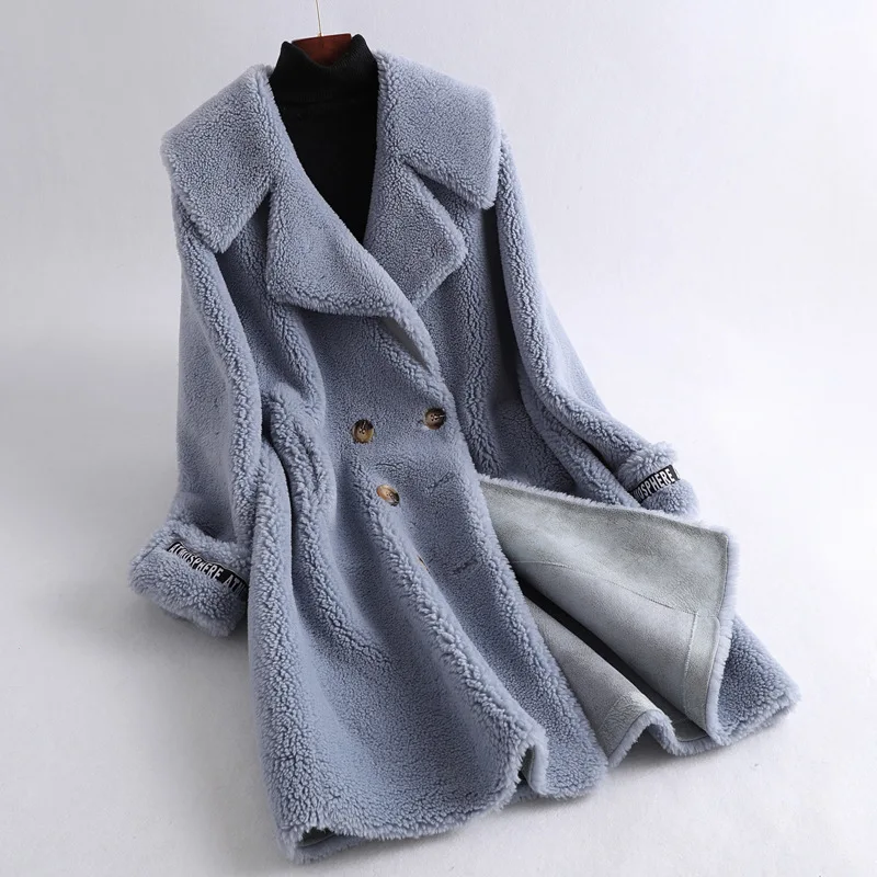 Зимнее пальто для женщин, Овечья шуба, даджейн, натуральный мех, натуральный мех, шерсть, мех, теплая стрижка, куртка, плюшевое пальто, шуба - Цвет: Bright blue