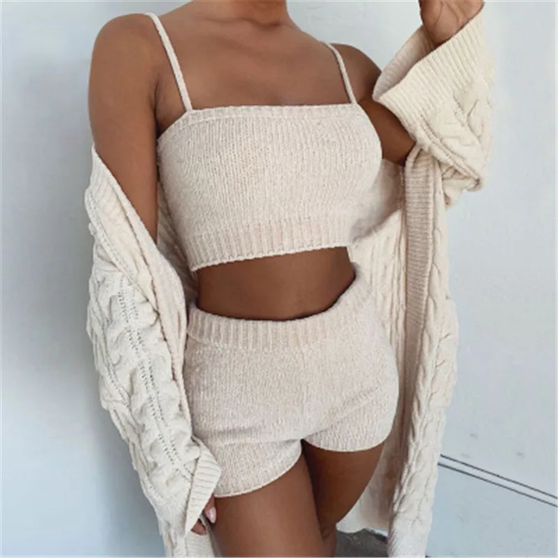 VOGDEATT Sexy Knitted Suit Women Two-piece Sleeveless Sweater Elegant Party Ladies Bodycon playsuit vestidos Outfits Short Suit - Цвет: Бежевый