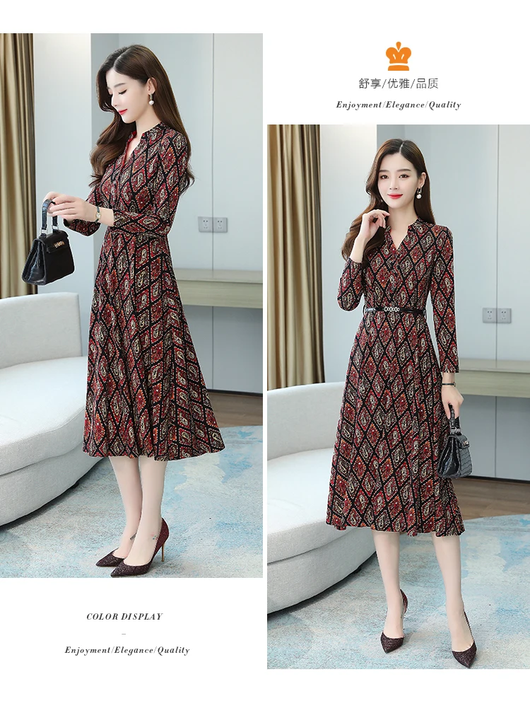 Plus Size Autumn Winter Long Sleeve Dresses 2020 Vintage Print Boho Casual Midi Dress Elegant Women Bodycon Party Maxi Vestidos