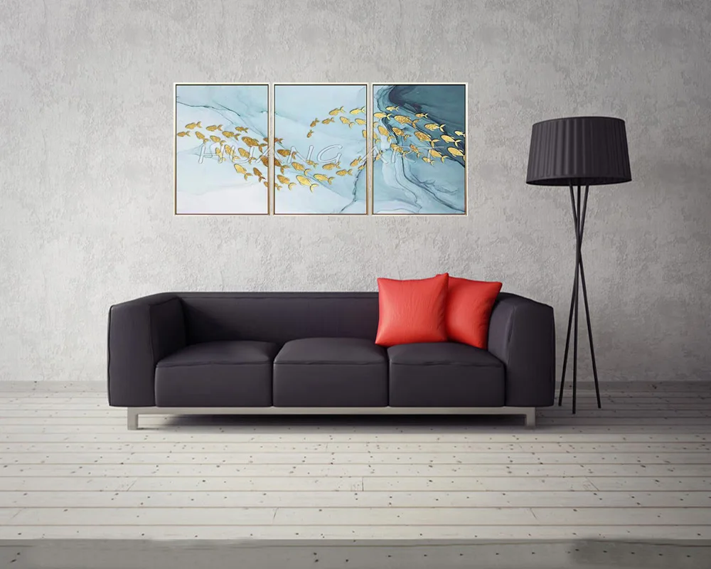 Чернил стиль абстрактный ручной работы 3 шт. абстрактные групповые картины маслом на холсте для декора золотой фольги рыбы плавание в воде стены искусства