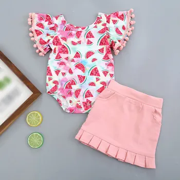 

Baby Girls Romper Summer Casual Thin Cool Rompers Flare Sleeve Watermelon Print Tops Solid Color Skirt Children Outfits Set 2Pcs