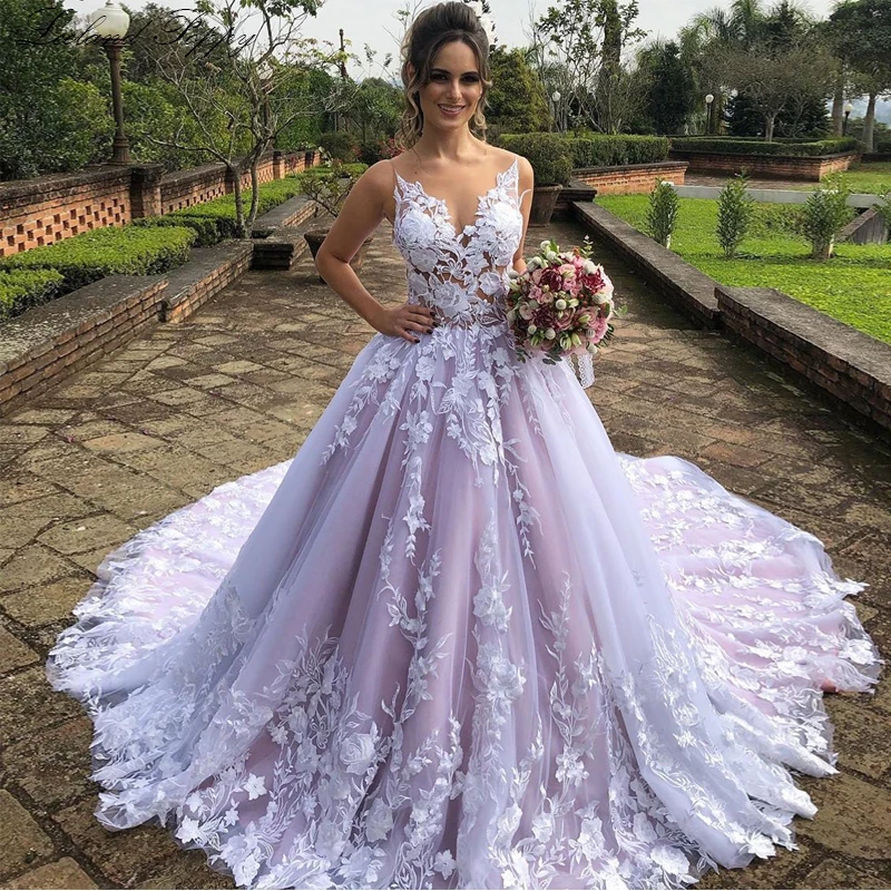 

Elegant A-line Illusion Wedding Dresses 2020 vestido de noiva Cathedral Train Floor Length Lace Appliques Bridal Dress