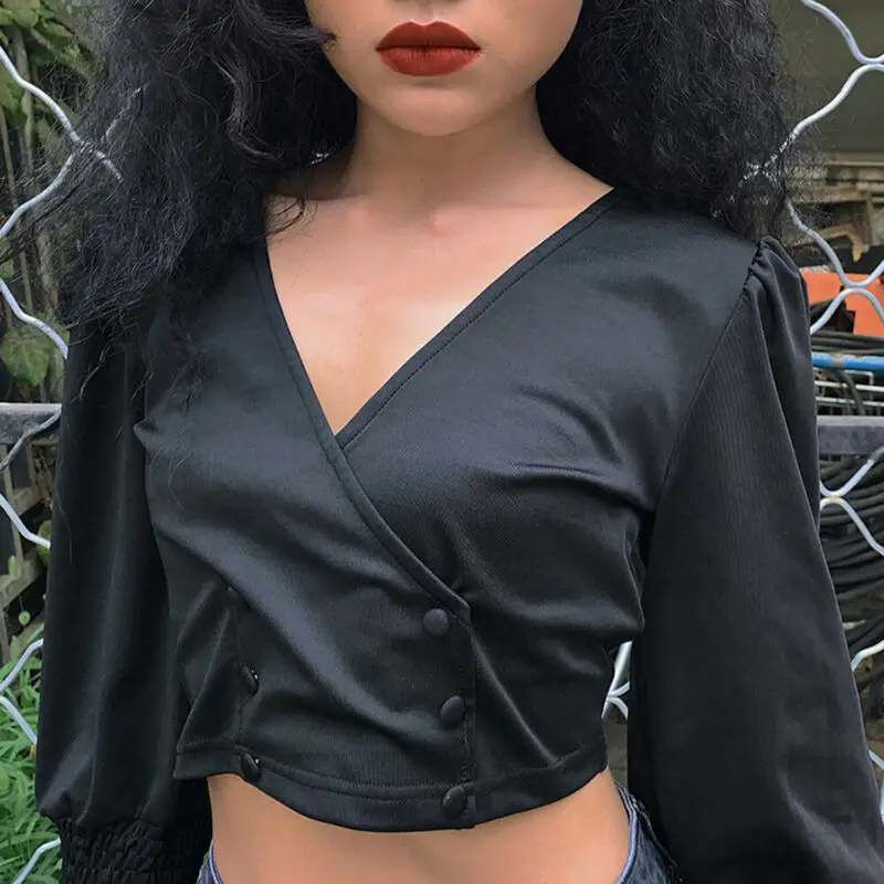 Осенняя мода женский сексуальный топ с длинным рукавом и глубоким v-образным