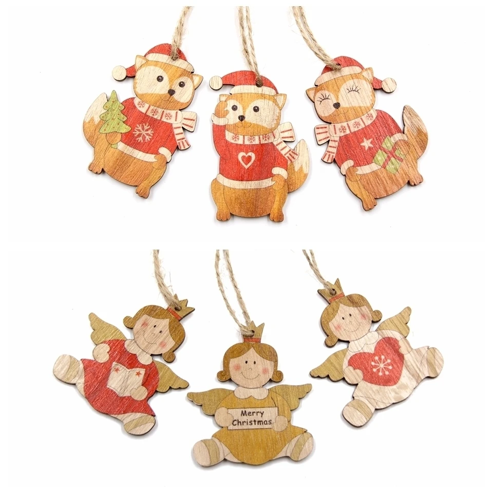 3PCS Lovely Squirrel&Angel Wooden Pendants Ornaments Christmas Wood Craft Kids Toys DIY Christmas Tree Decorations Hanging Gifts