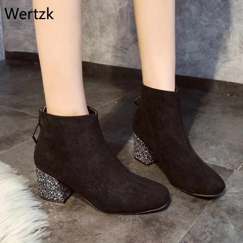 New Winter Women Black Motorcycle Boots Bling Sequin High Heel Zipper Square Toe Warm Ankle Chelsea Botas Mujer A810