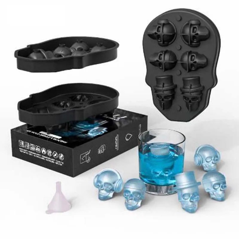 

3D Silicone Ice Cube Trays Mold 3D Skull Shape Mould Cocktails Whisky Maker 6 Grid