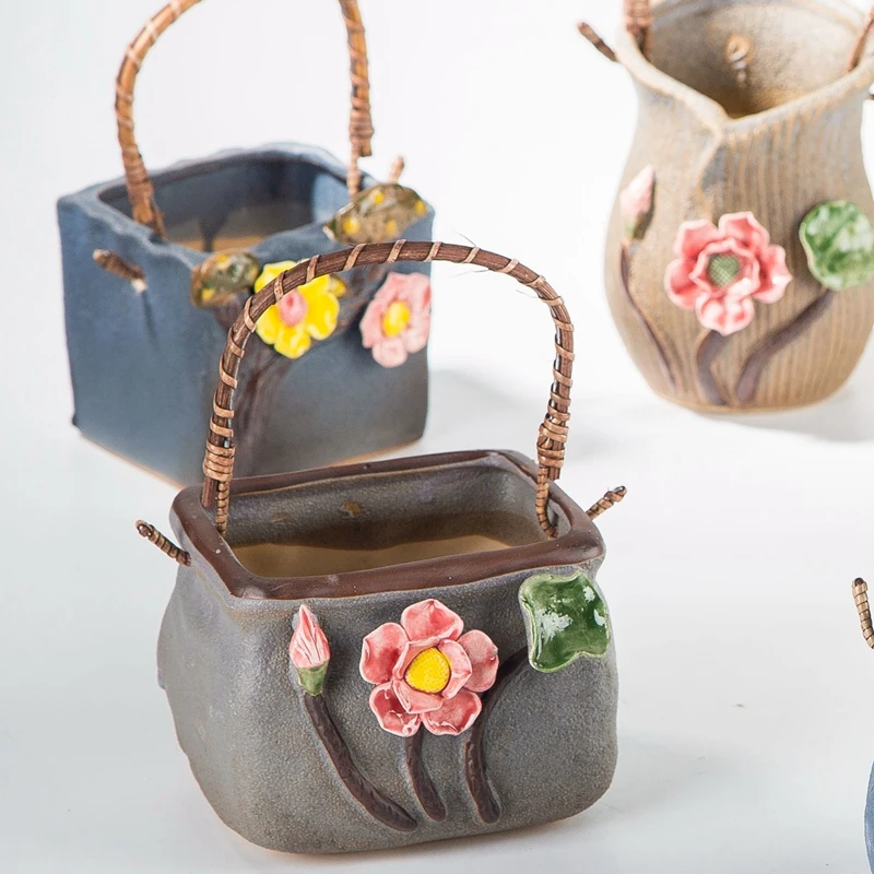 

Hand Basket Flower Plant Large Caliber Plate Jingdezhen Multi-meat Pot Ceramics Valentine's Day Gift Metal Garden Decors
