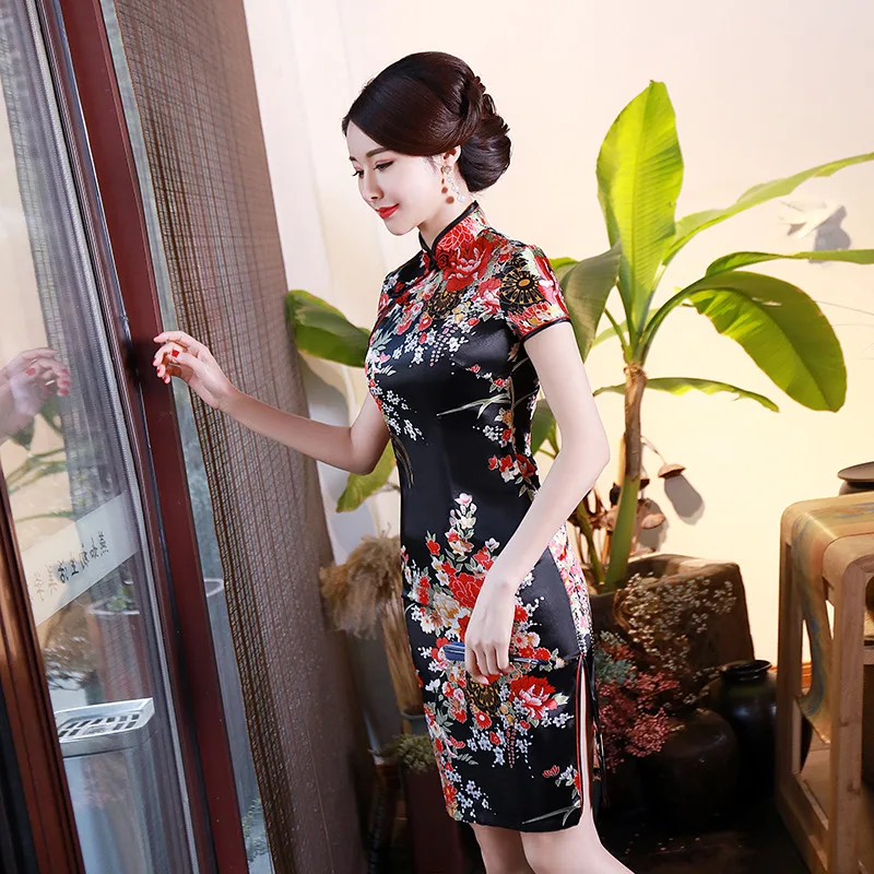 Женский тонкий большой размер 3XL-6XL китайский стиль вечерние атласное выпускное платье Мандарин воротник короткий Qipao сексуальный принт цветок Cheongsam Vestidos