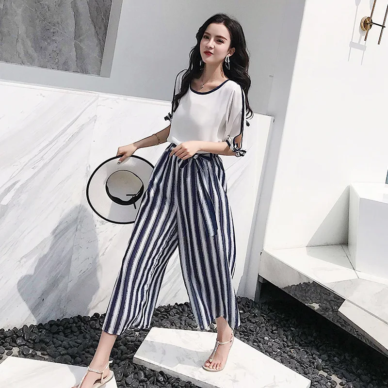 

CHIC Summer Fashion Chiffon Shirt Vacation Style Set Stripes Loose Pants Two-Piece Set