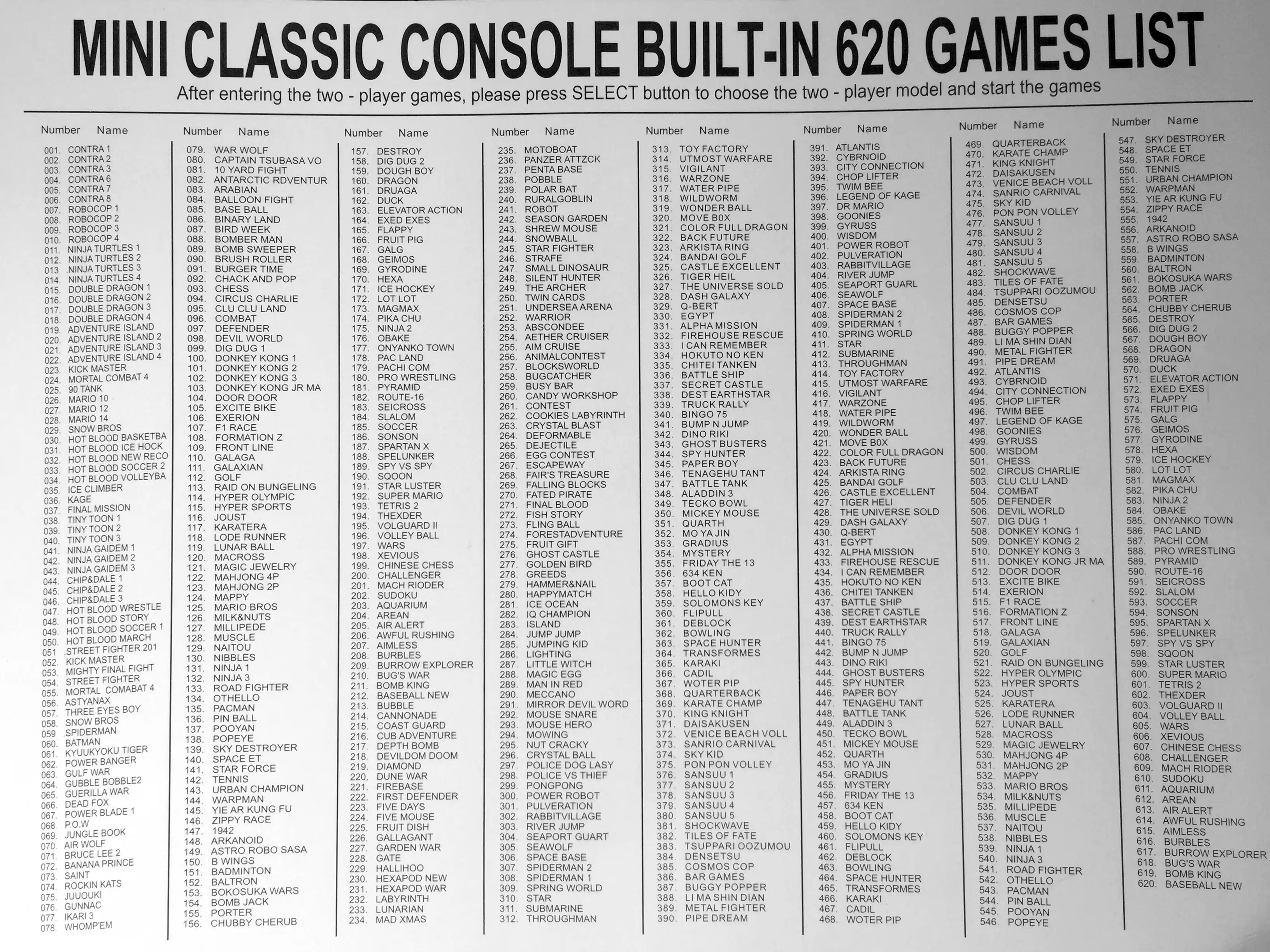 retro 620 games list